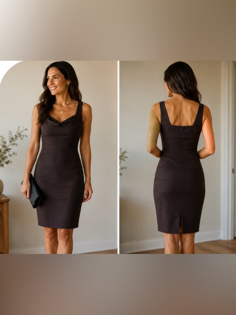 London Times Dark Brown Cocktail Dress Sheath Bandage Satin Cowl Neck Size 8